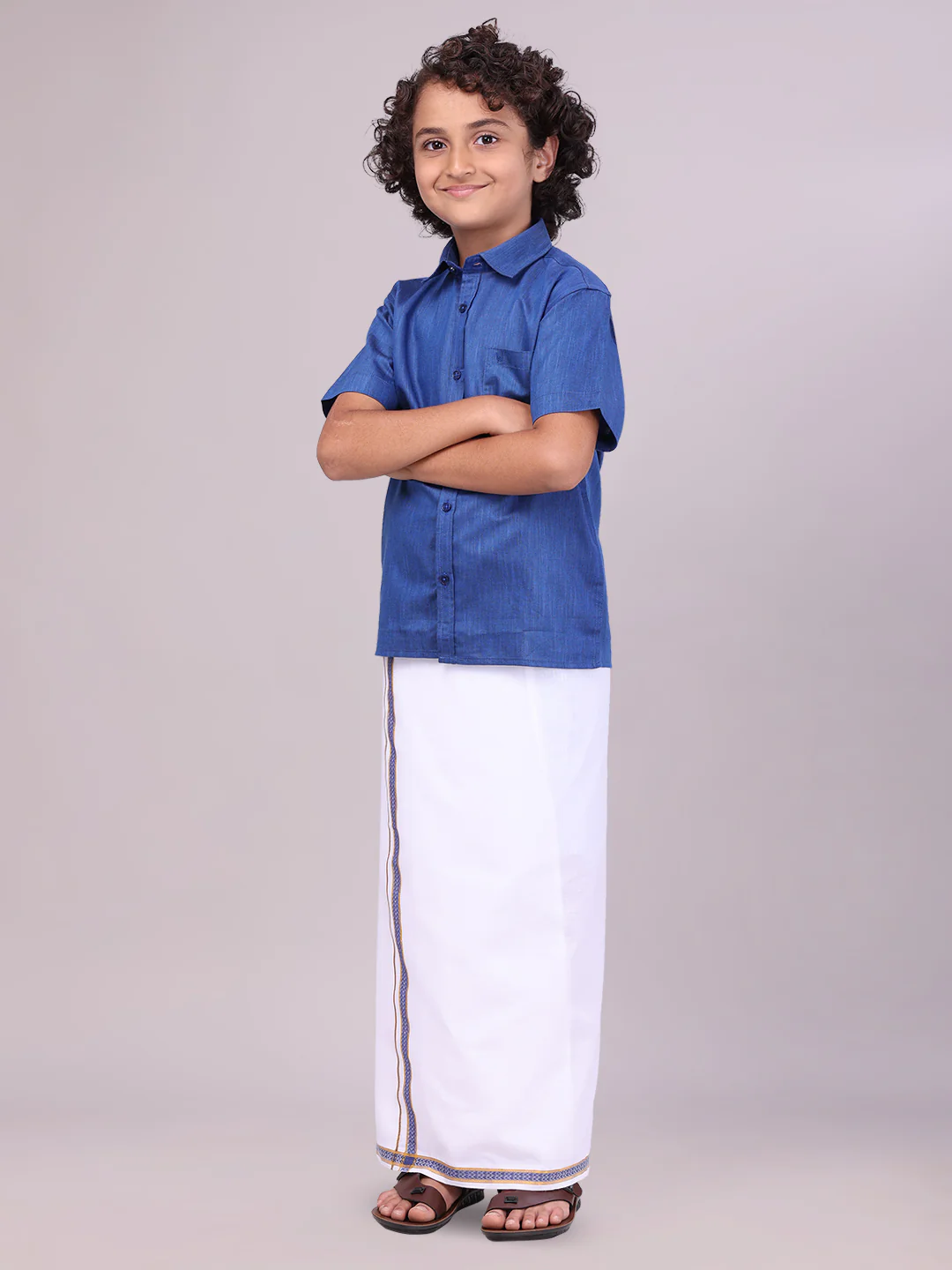 Father & Son Dark Blue Color Cotton Shirt with Matching Border Dhoti Combo - Image 3