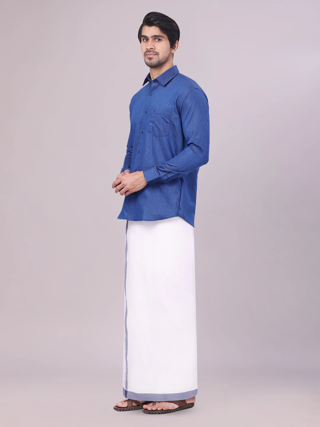 Father & Son Dark Blue Color Cotton Shirt with Matching Border Dhoti Combo - Image 4