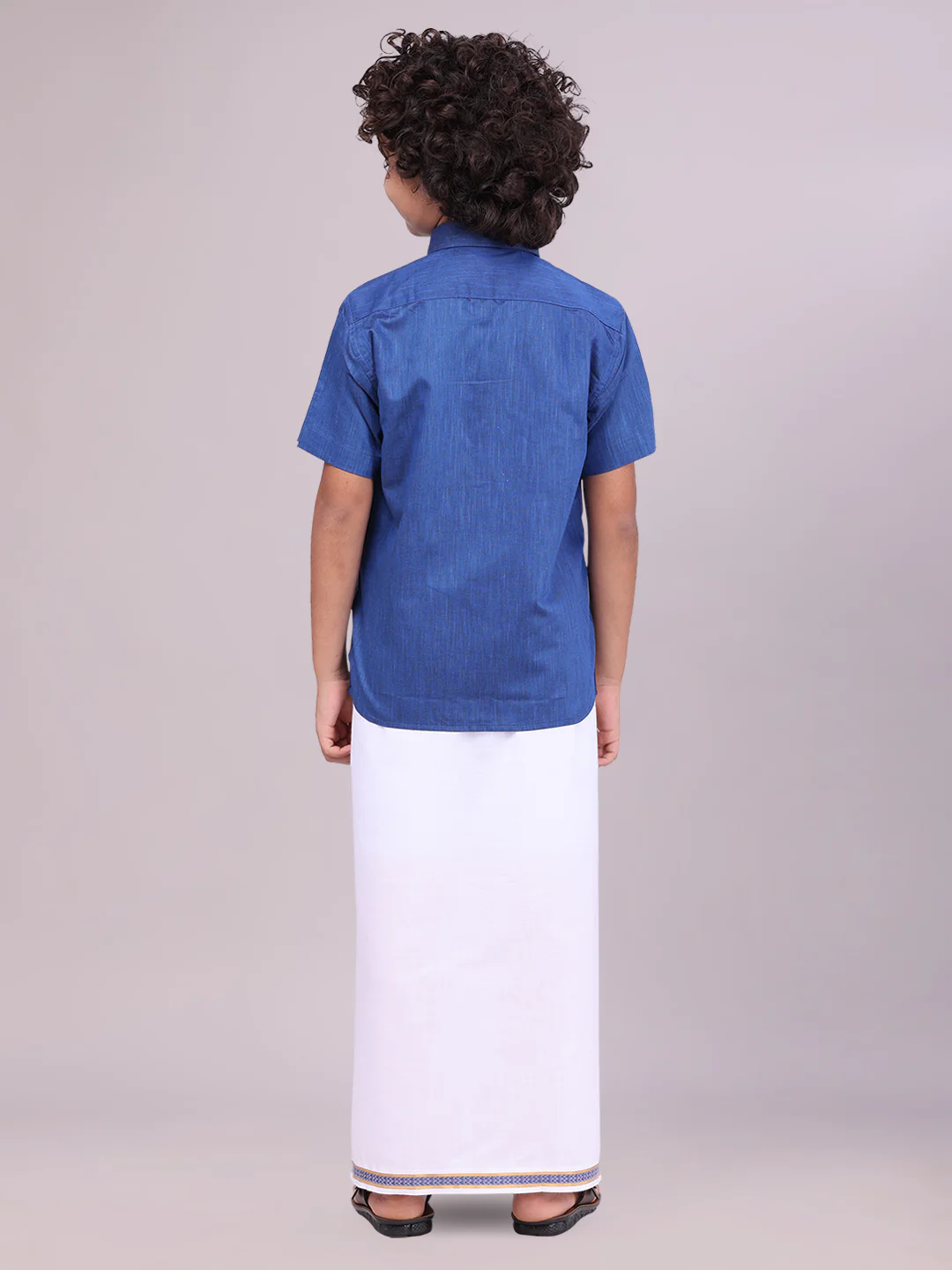 Father & Son Dark Blue Color Cotton Shirt with Matching Border Dhoti Combo - Image 6