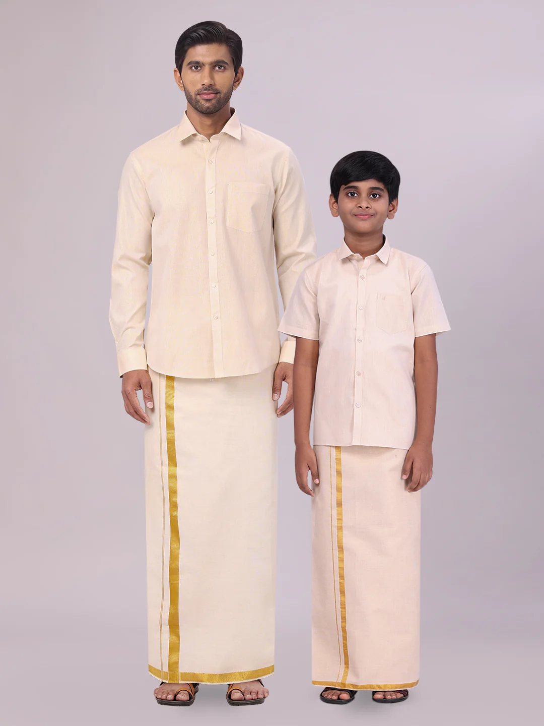 Father & Son Gold Color Tissue Shirt with Jari Dhoti Combo