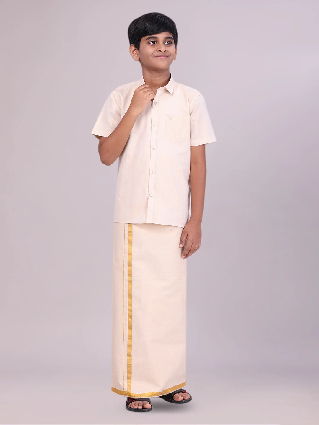 Father & Son Gold Color Tissue Shirt with Jari Dhoti Combo - Image 3