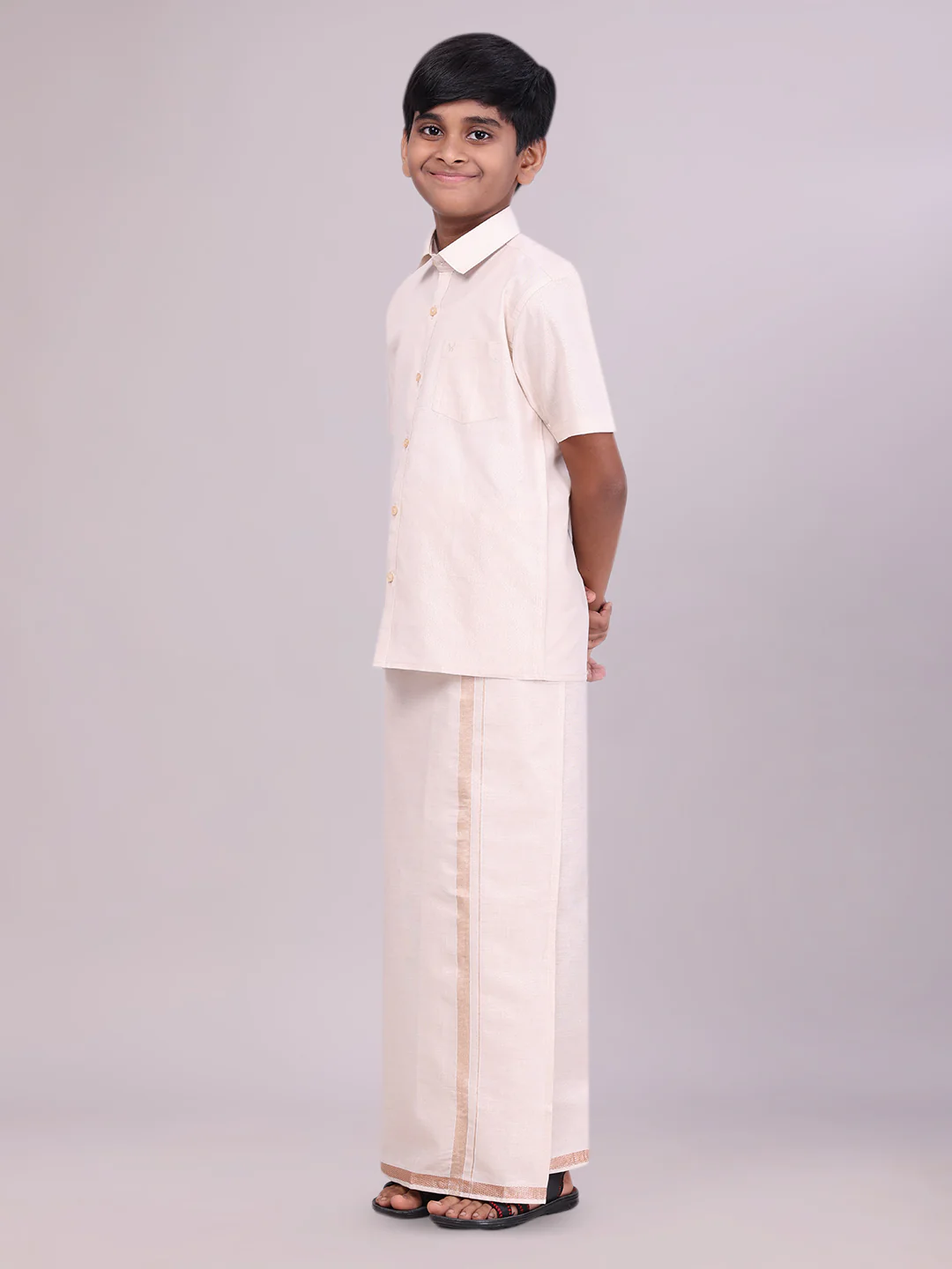 Father & Son Light Copper Color Tissue Shirt with Jari Dhoti Combo - Image 3
