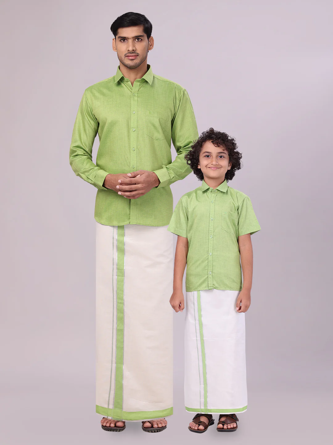 Father & Son Light Green Color Cotton Shirt with Matching Border Tissue Dhoti Combo