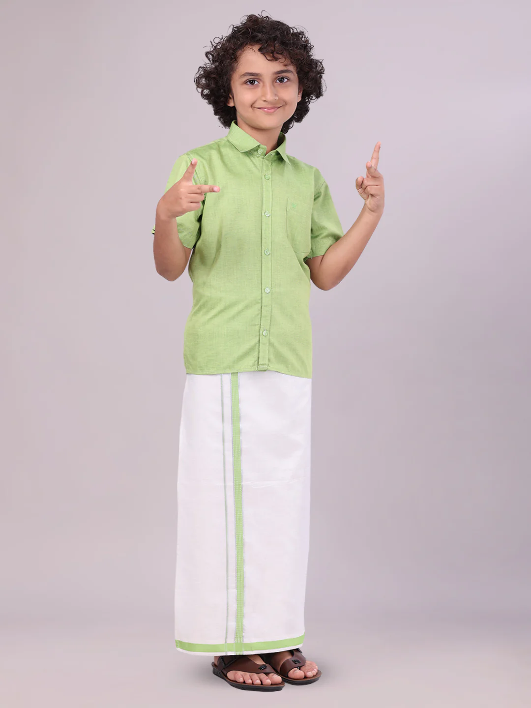 Father & Son Light Green Color Cotton Shirt with Matching Border Tissue Dhoti Combo - Image 3