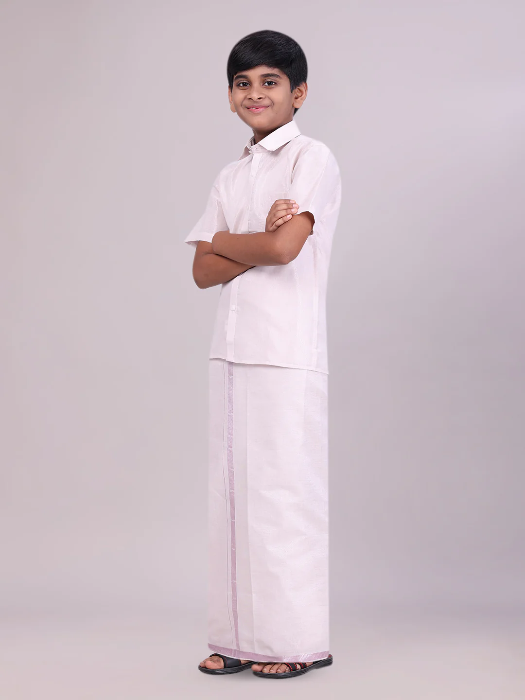 Father & Son Light Rose Color Tissue Shirt with Jari Dhoti Combo - Image 3