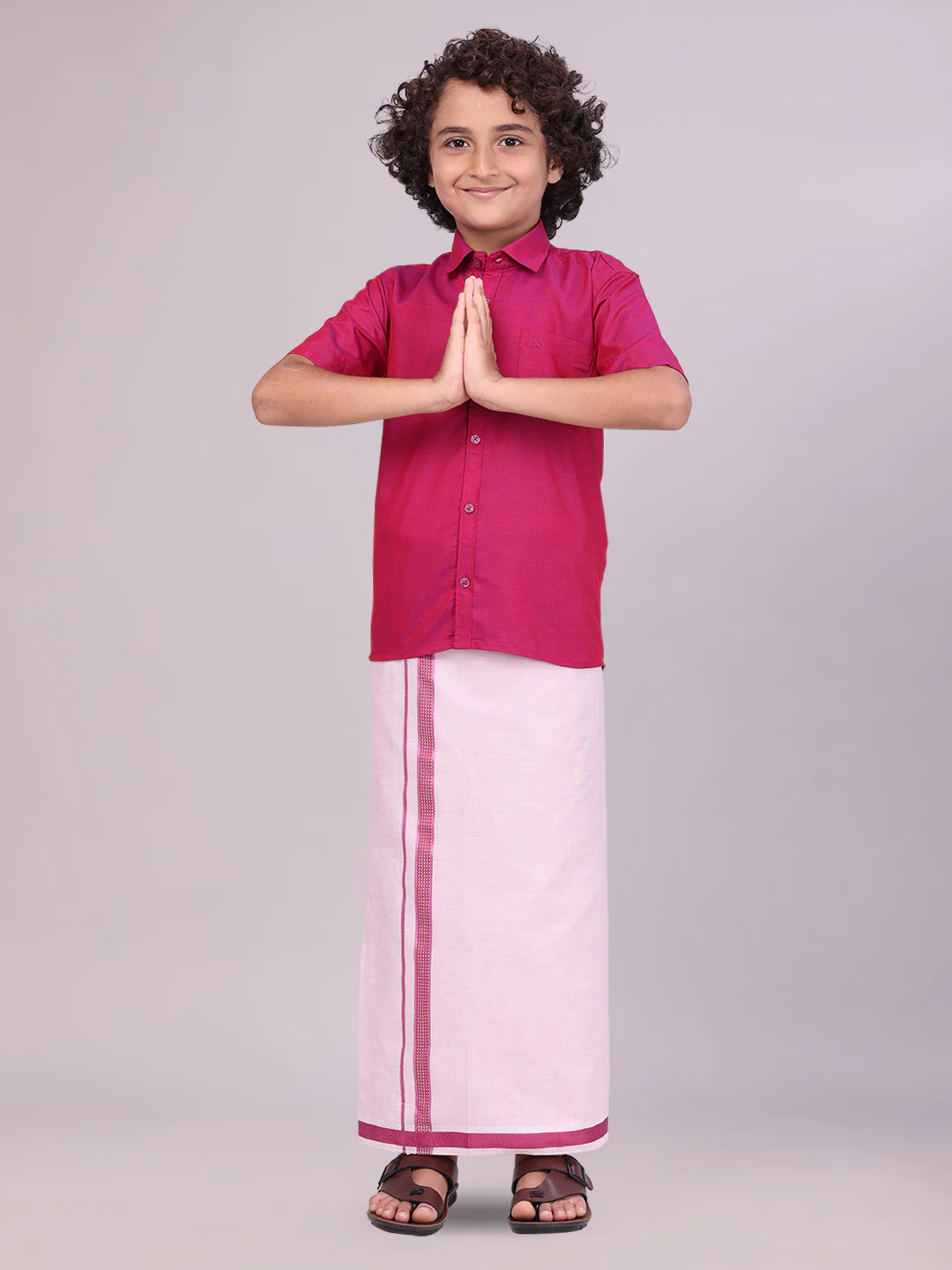Father & Son Magenta Color Cotton Shirt with Matching Border Tissue Dhoti Combo - Image 3