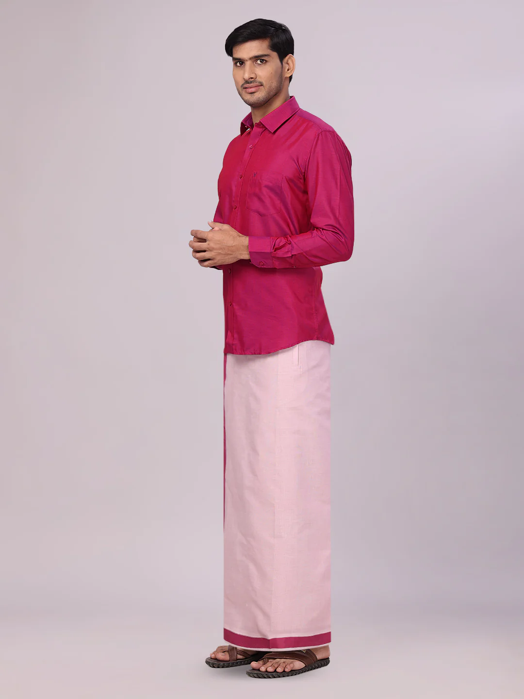 Father & Son Magenta Color Cotton Shirt with Matching Border Tissue Dhoti Combo - Image 4