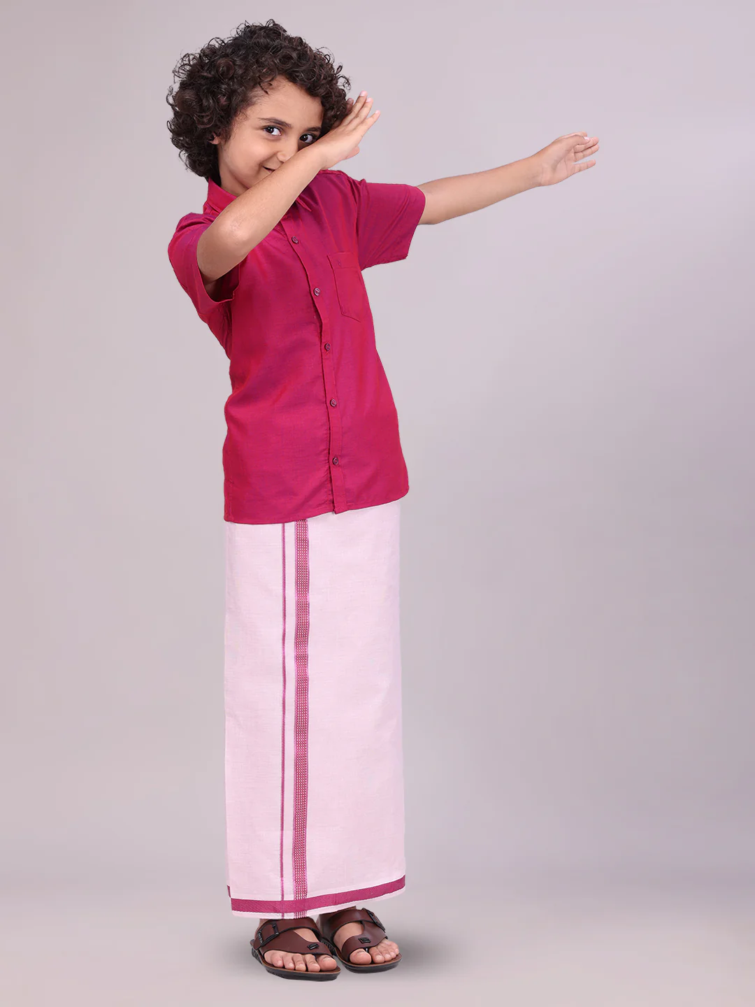 Father & Son Magenta Color Cotton Shirt with Matching Border Tissue Dhoti Combo - Image 5