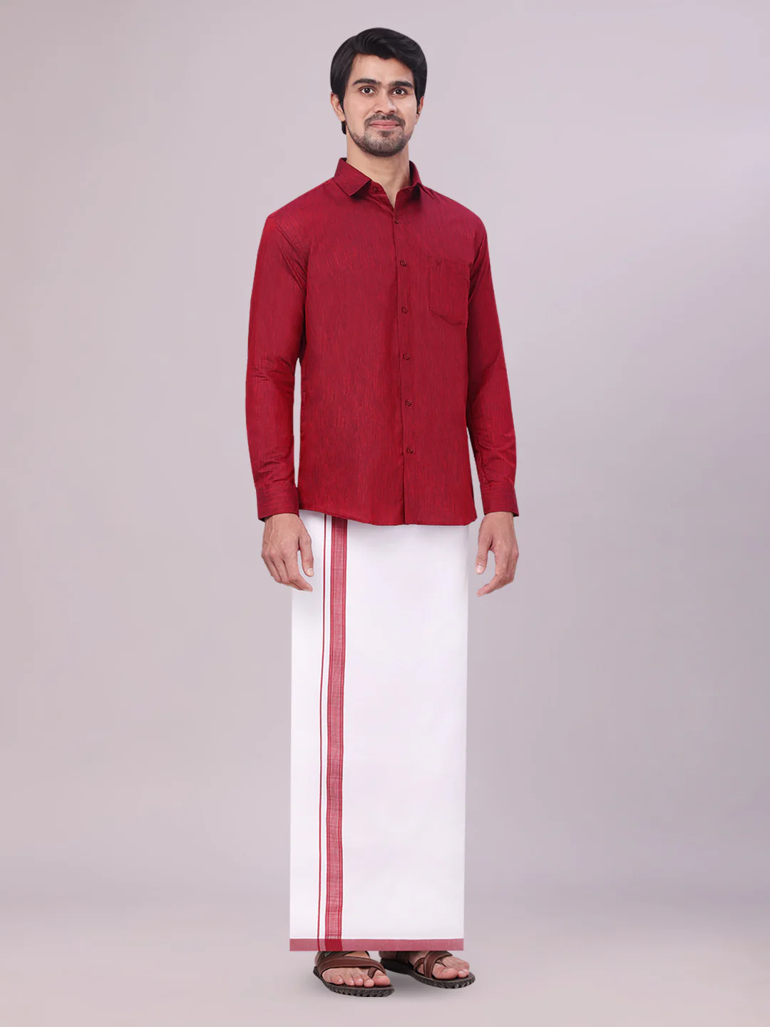Father & Son Maroon Color Cotton Shirt with Matching Border Dhoti Combo - Image 2