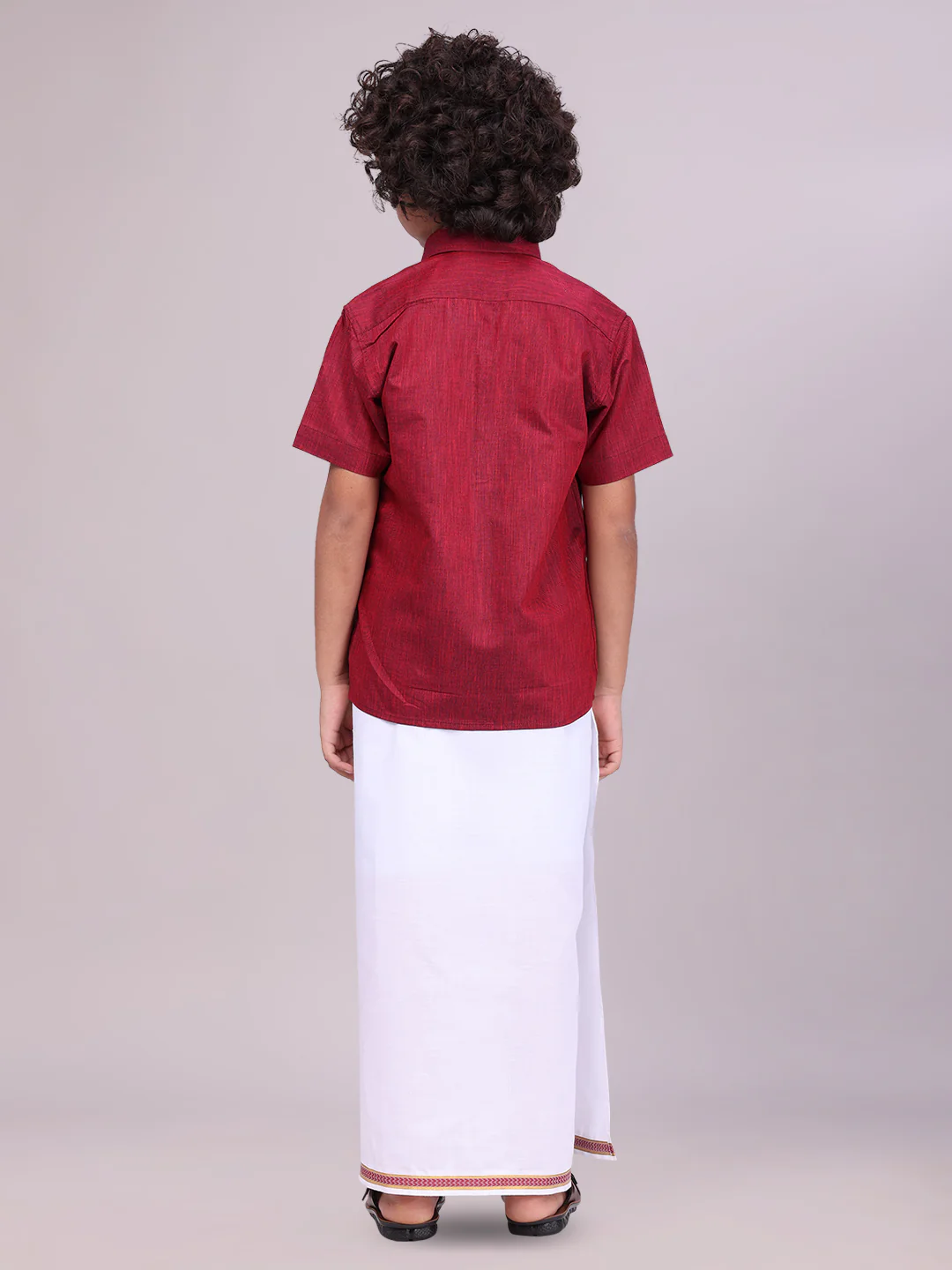 Father & Son Maroon Color Cotton Shirt with Matching Border Dhoti Combo - Image 6