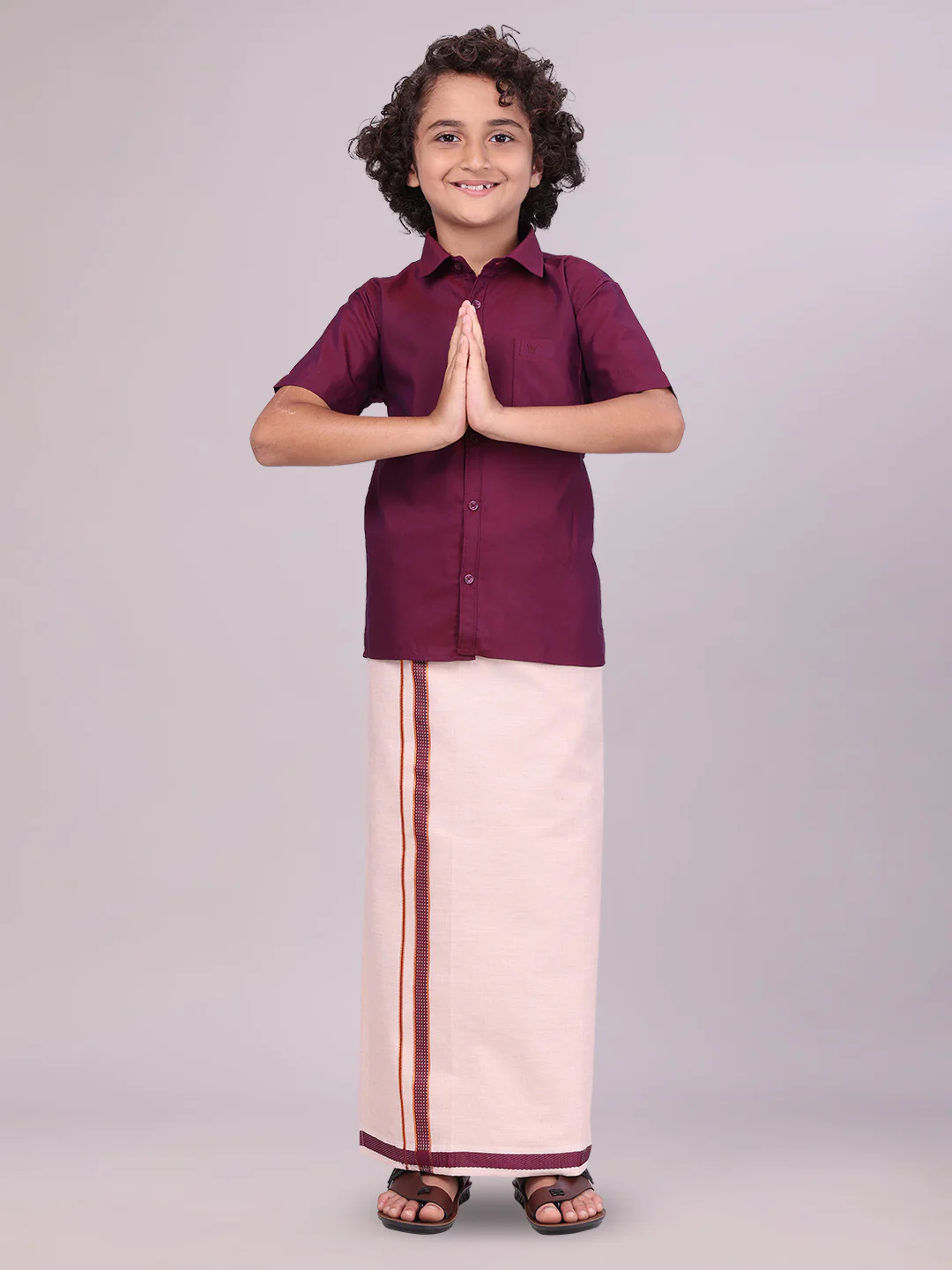 Father & Son Maroon Color Cotton Shirt & Matching Border Tissue Dhoti Combo - Image 5