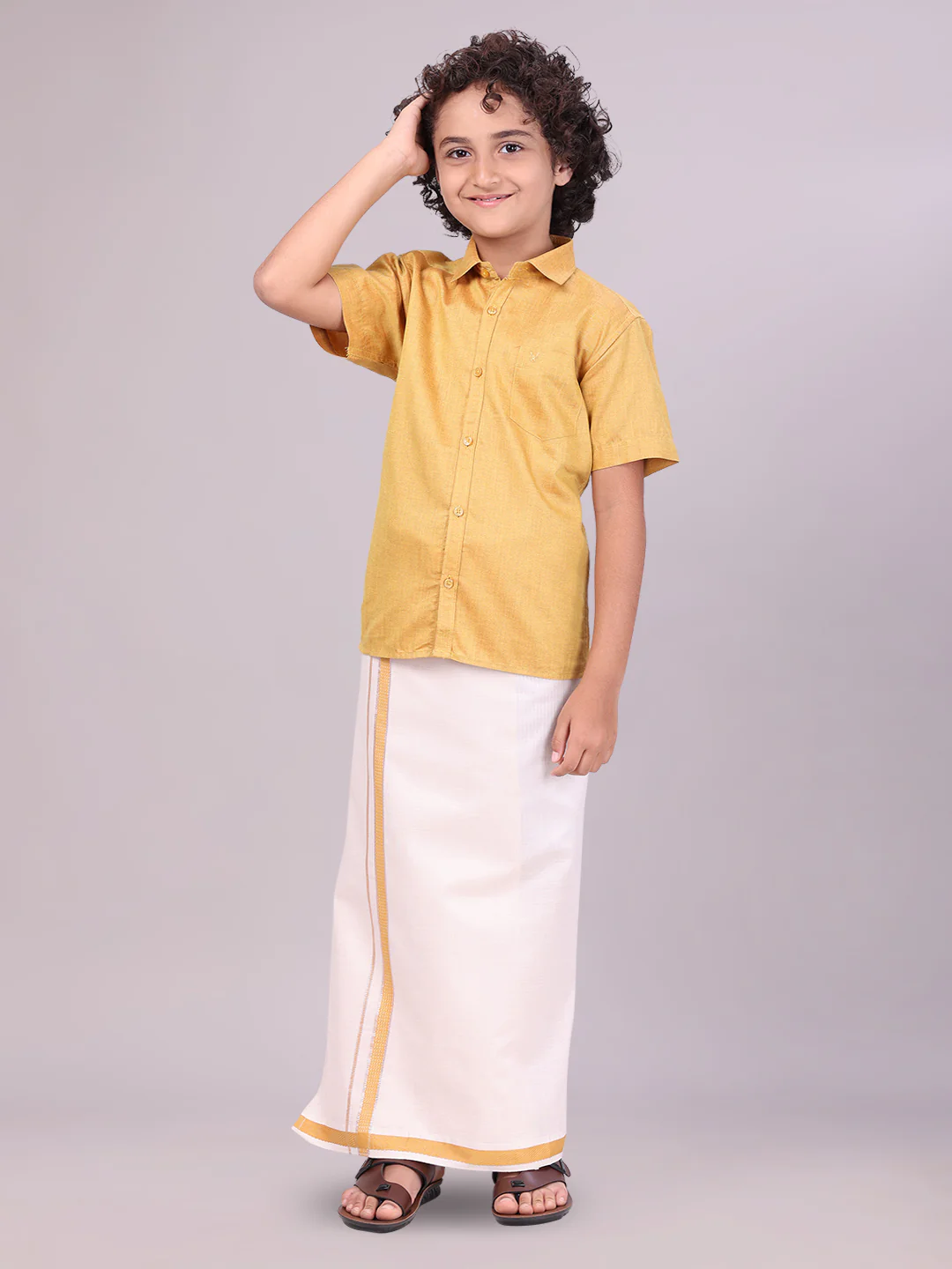 Father & Son Mustard Color Cotton Shirt with Matching Border Tissue Dhoti Combo - Image 3