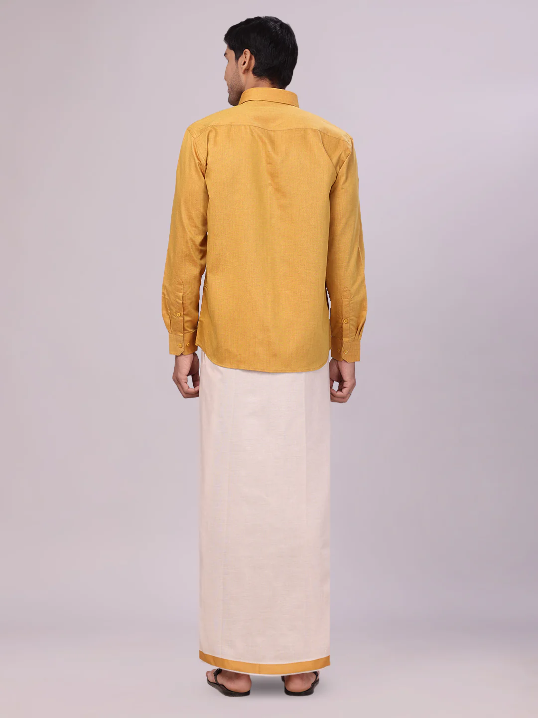 Father & Son Mustard Color Cotton Shirt with Matching Border Tissue Dhoti Combo - Image 6