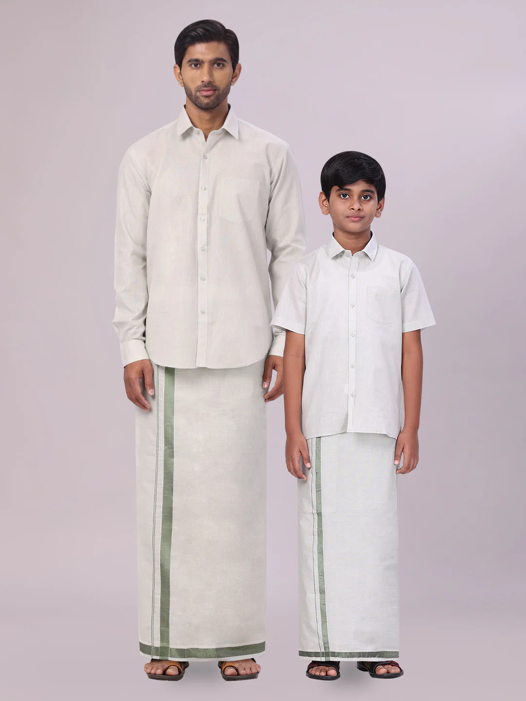 Father & Son Olive Green Color Tissue Shirt with Jari Dhoti Combo
