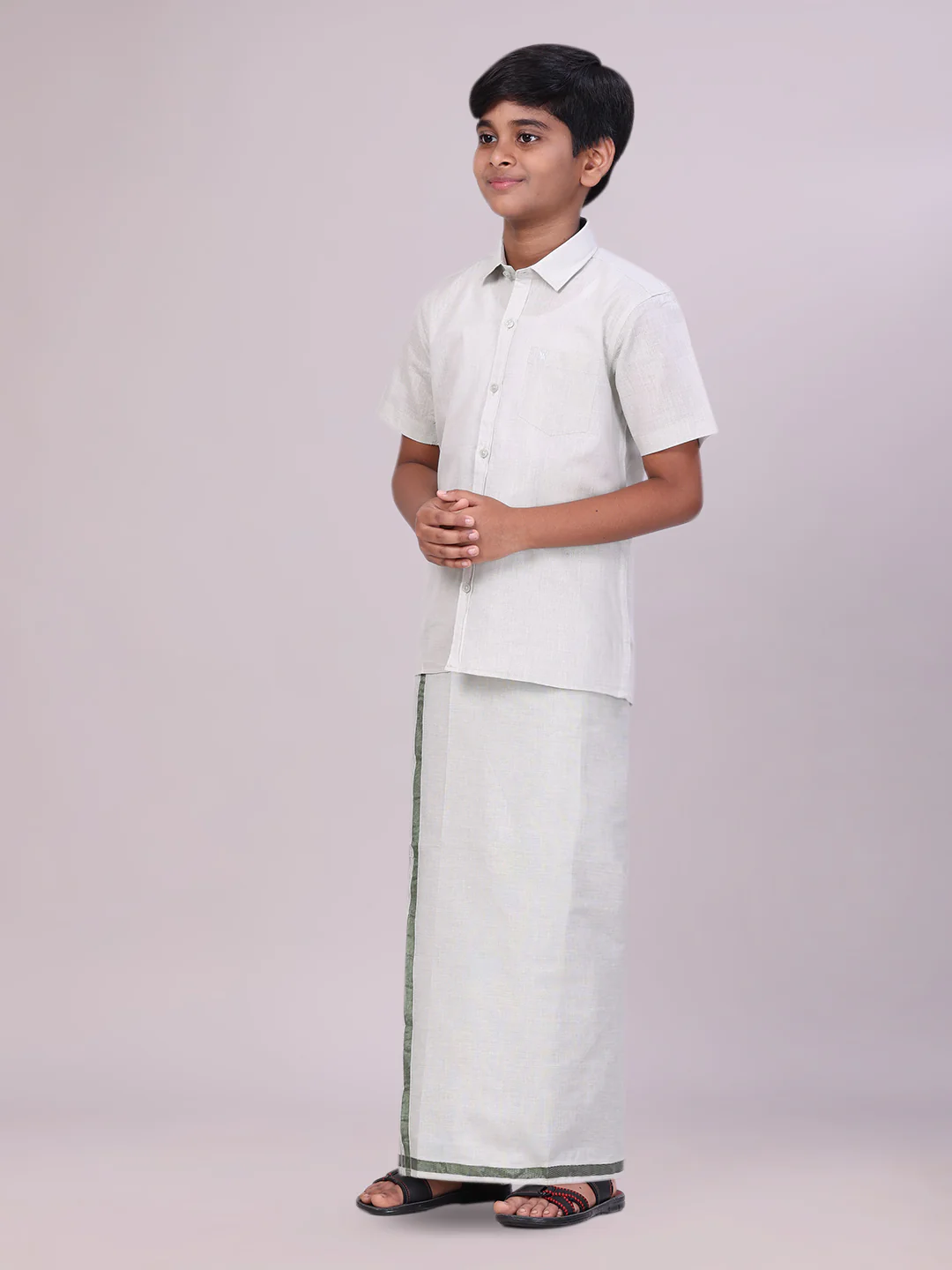 Father & Son Olive Green Color Tissue Shirt with Jari Dhoti Combo - Image 5