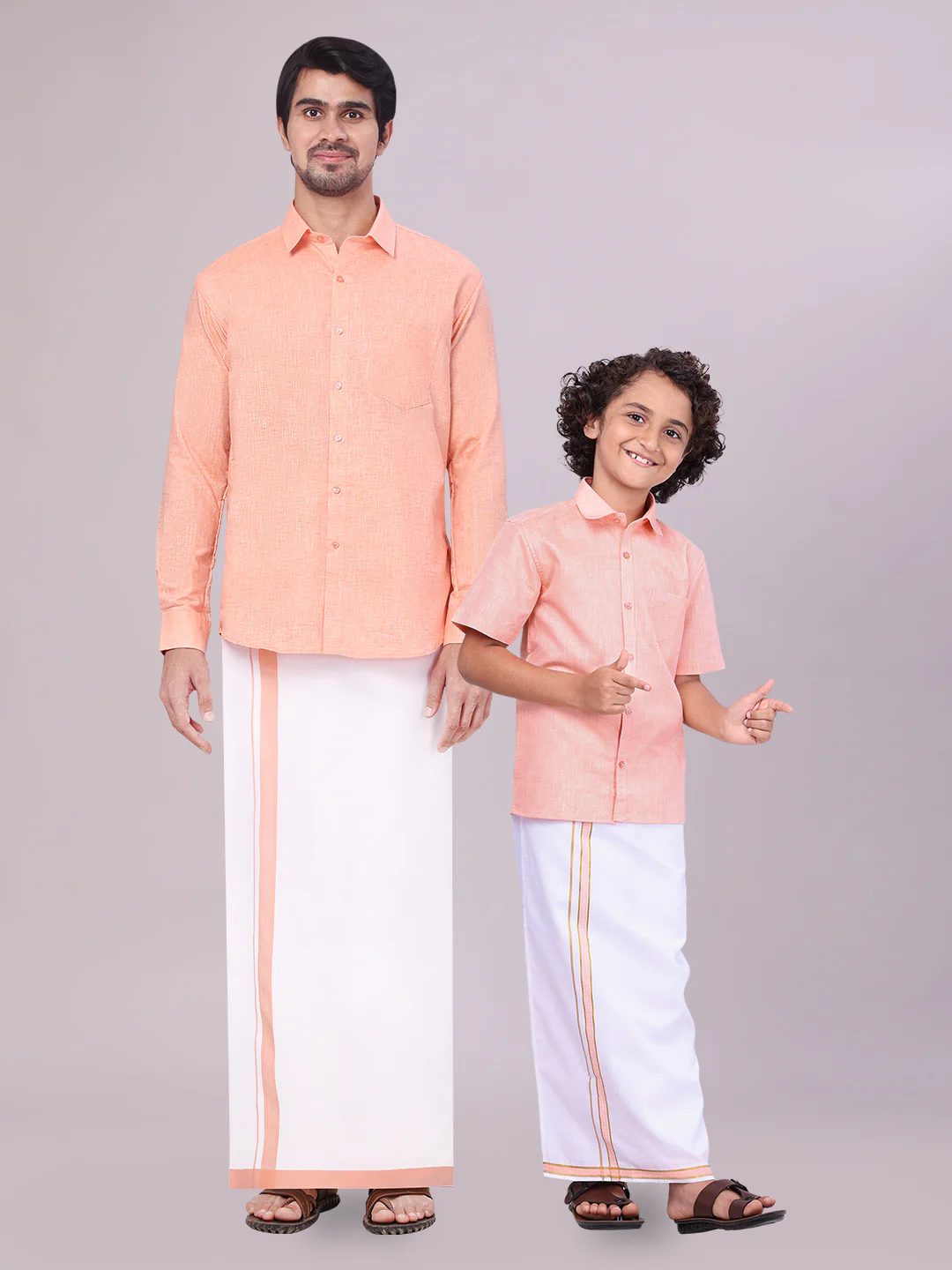 Father & Son Peach Color Cotton Shirt with Matching Border Dhoti Combo