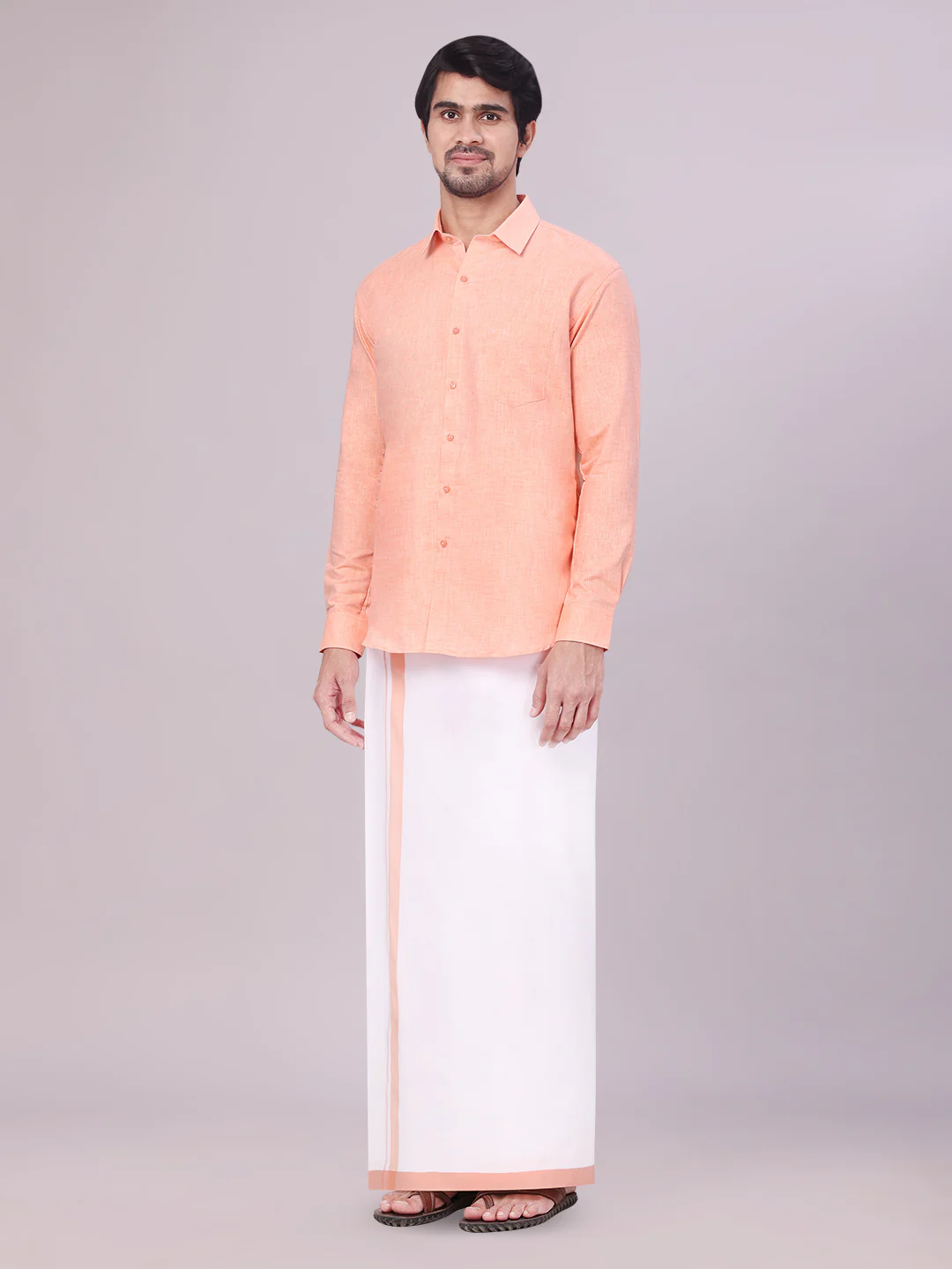 Father & Son Peach Color Cotton Shirt with Matching Border Dhoti Combo - Image 2