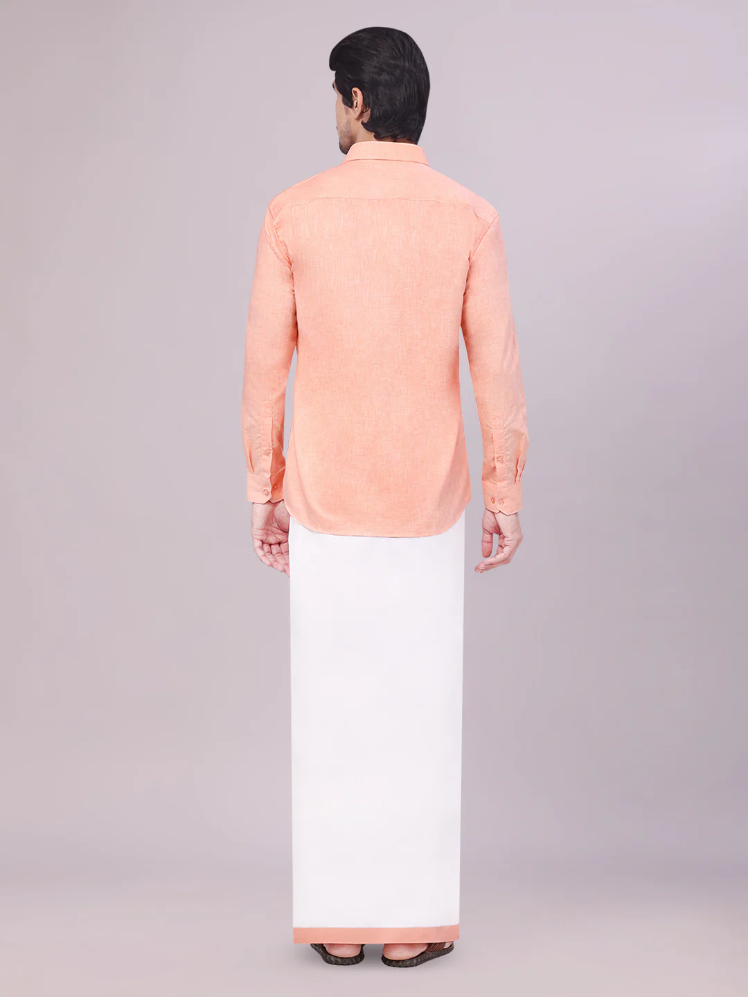 Father & Son Peach Color Cotton Shirt with Matching Border Dhoti Combo - Image 7