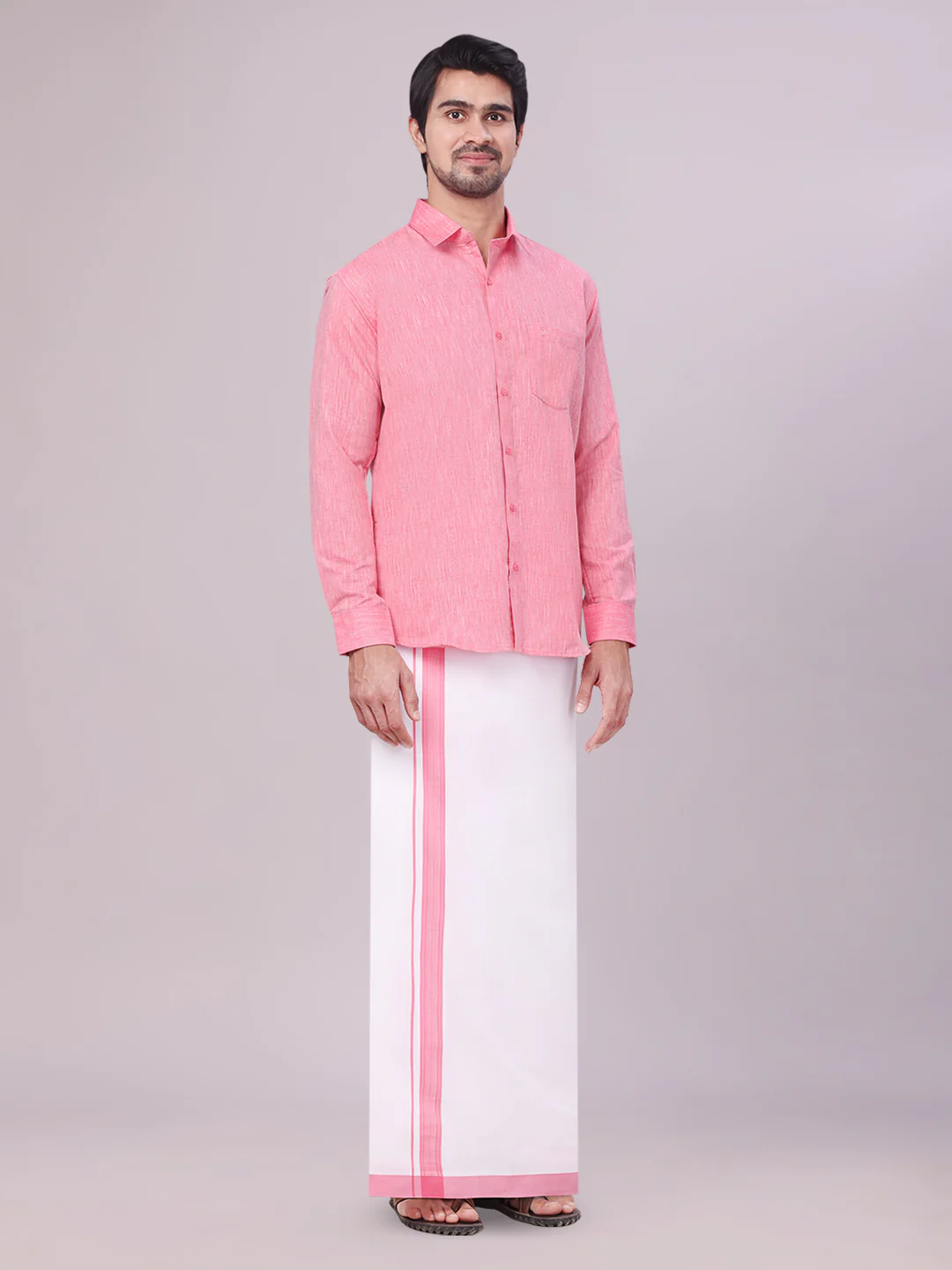 Father & Son Pink Color Cotton Shirt with Matching Border Dhoti Combo - Image 4