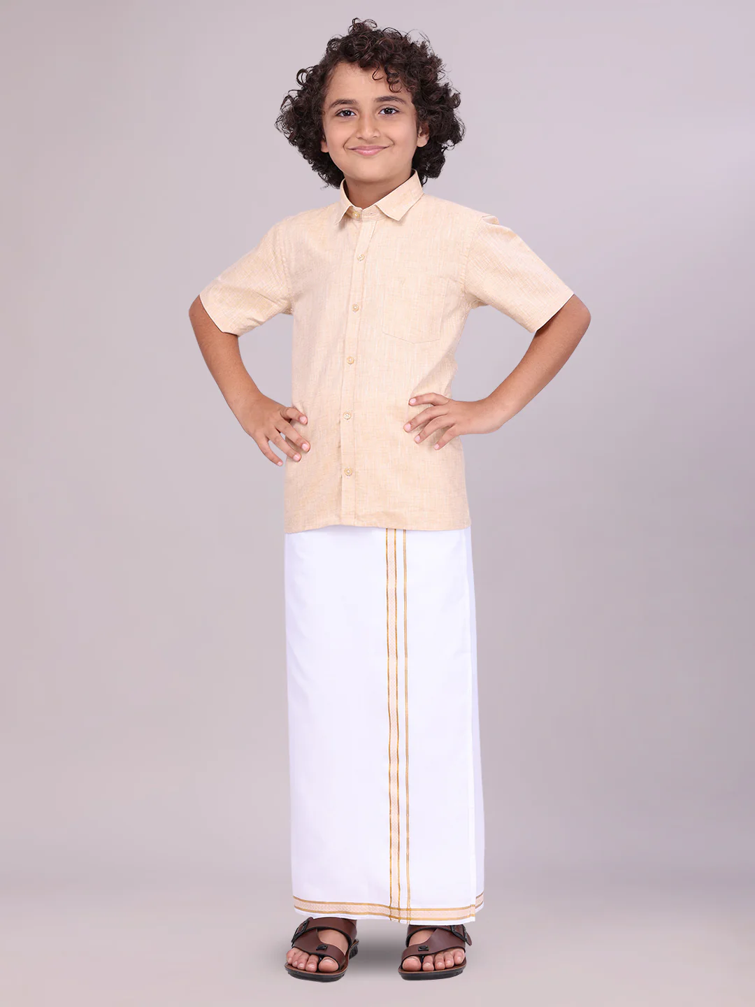 Father & Son Sandal Color Cotton Shirt with Matching Border Dhoti Combo - Image 3