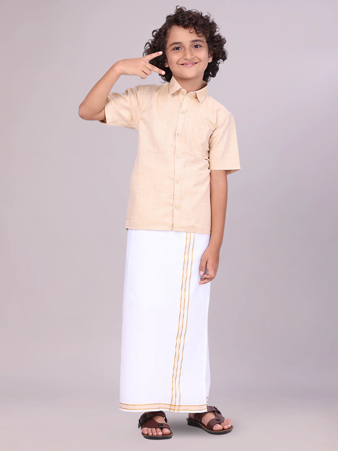 Father & Son Sandal Color Cotton Shirt with Matching Border Dhoti Combo - Image 5