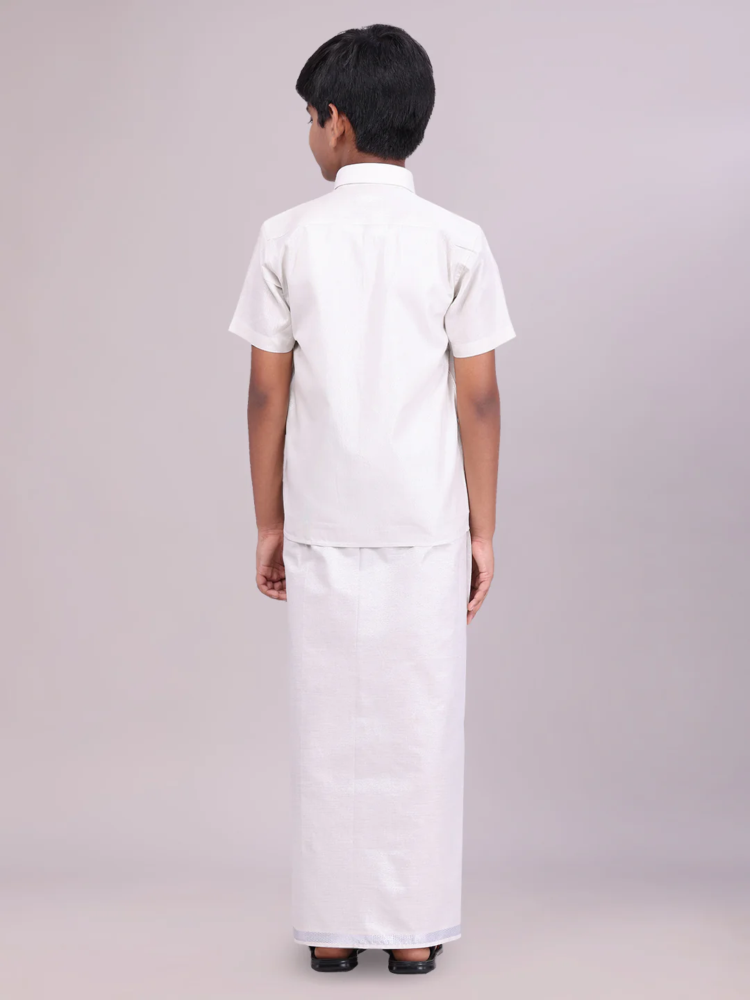 Father & Son Silver Color Tissue Shirt with Jari Dhoti Combo - Image 6