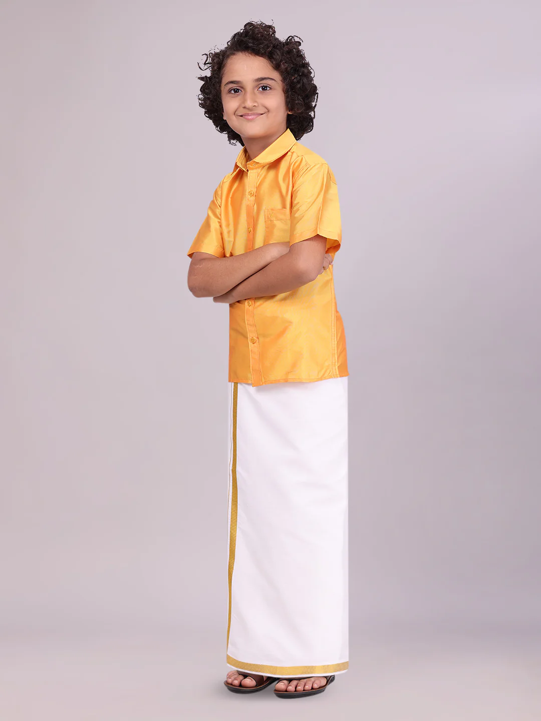 Boys Dupion Satin Golden Yellow Half Sleeves Shirt with Gold Jari Flexi Dhoti Towel Combo Calm Boy - Image 2
