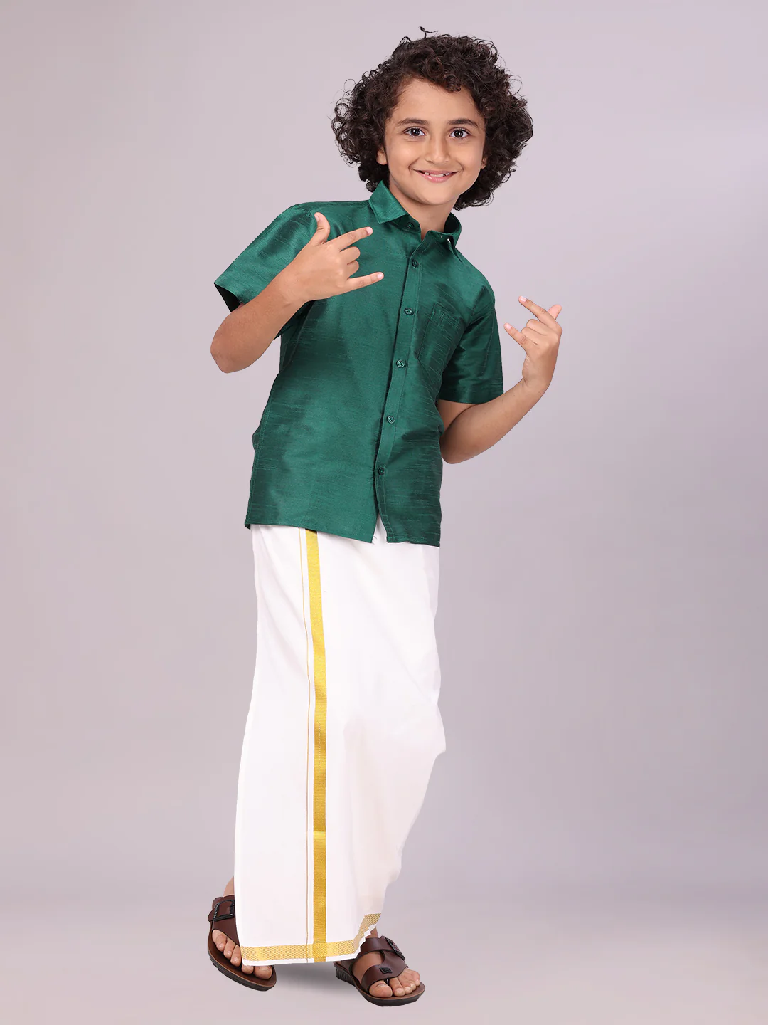 Boys Green Color Half Sleeves Shirt with Gold Jari Flexi Dhoti Adorable Boy - Image 3