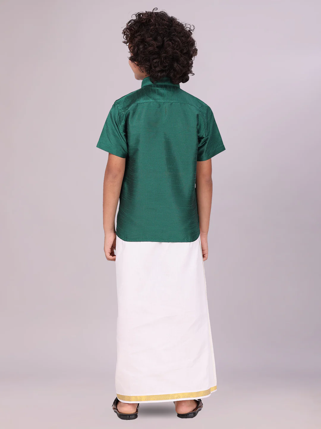 Boys Green Color Half Sleeves Shirt with Gold Jari Flexi Dhoti Adorable Boy - Image 4