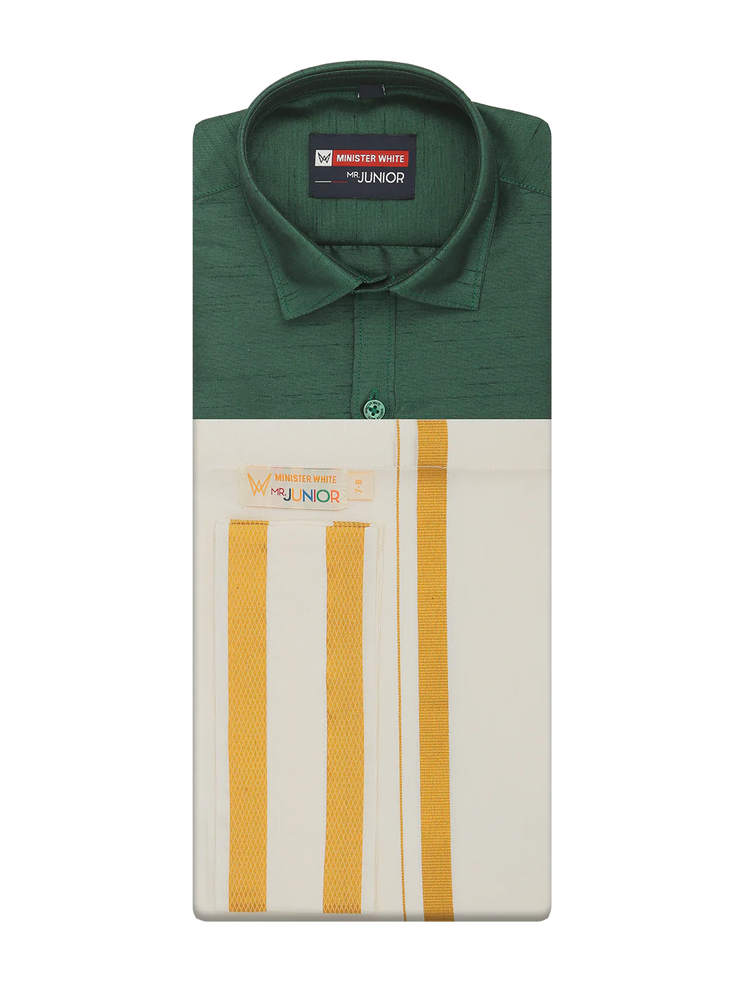 Boys Green Color Half Sleeves Shirt with Gold Jari Flexi Dhoti Adorable Boy - Image 5