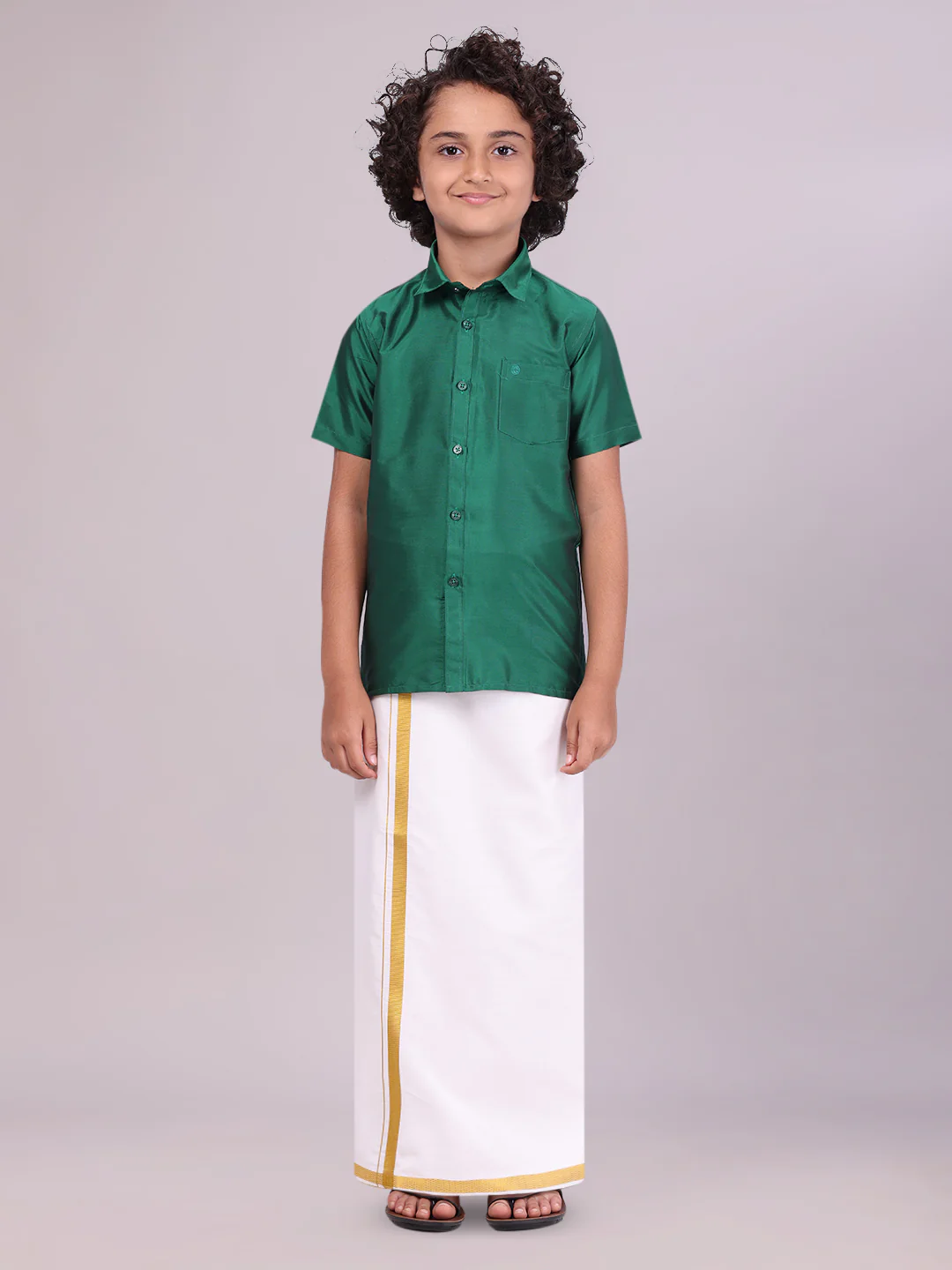 Boys Dupion Satin Green Half Sleeves Shirt with Gold Jari Flexi Dhoti Towel Combo Calm Boy