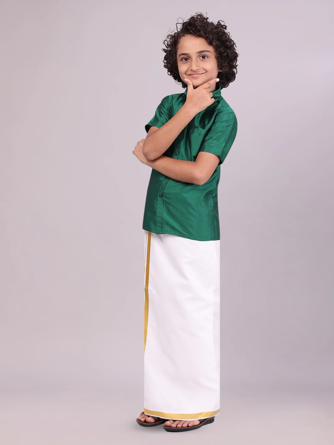 Boys Dupion Satin Green Half Sleeves Shirt with Gold Jari Flexi Dhoti Towel Combo Calm Boy - Image 2