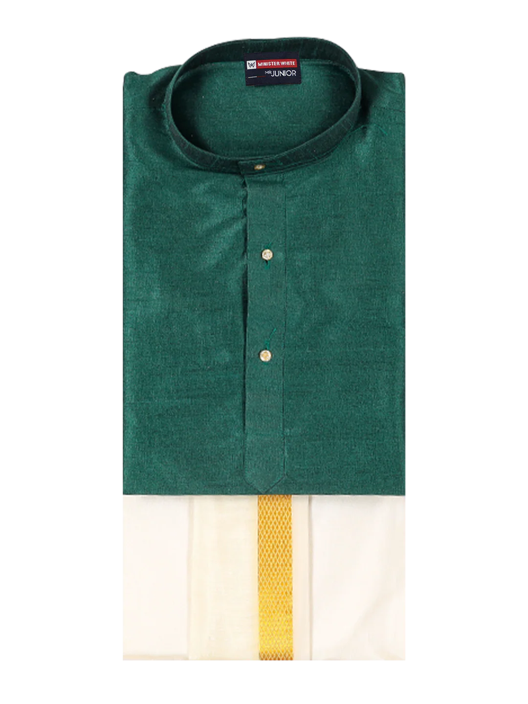 Boys Green Colour Kurtha with Gold Jari Panchakacham Combo Chitrang - Image 3
