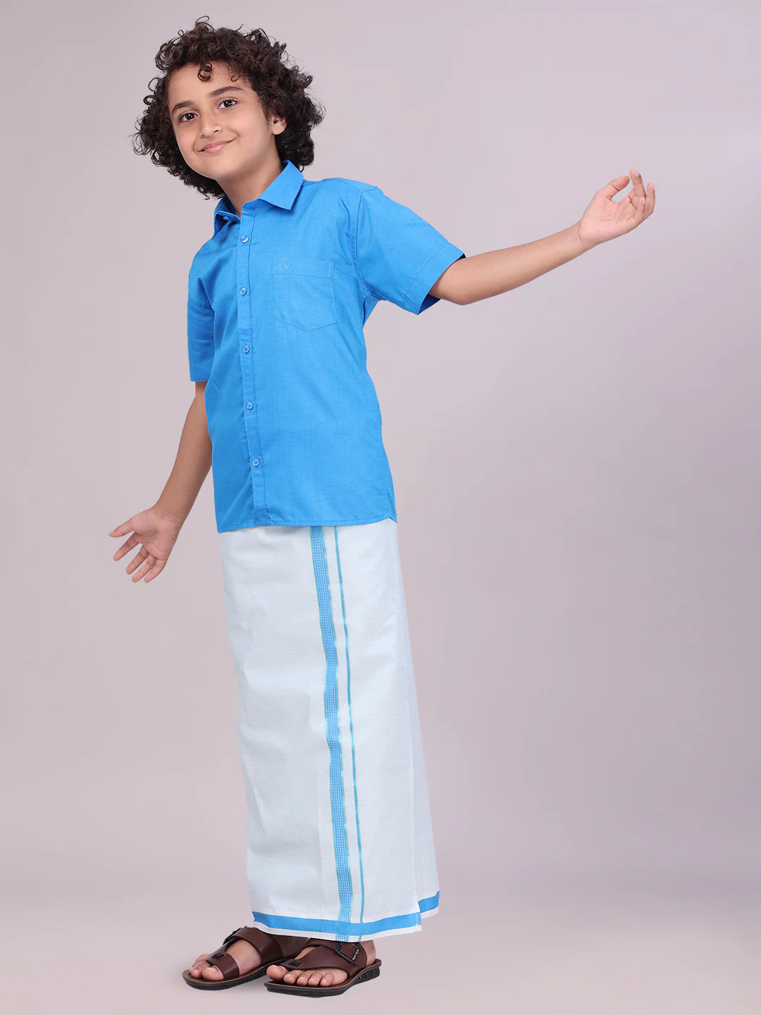 Kids Cotton Blue Shirt with Matching Border Tissue Dhoti Combo Skillful Boy - Image 3