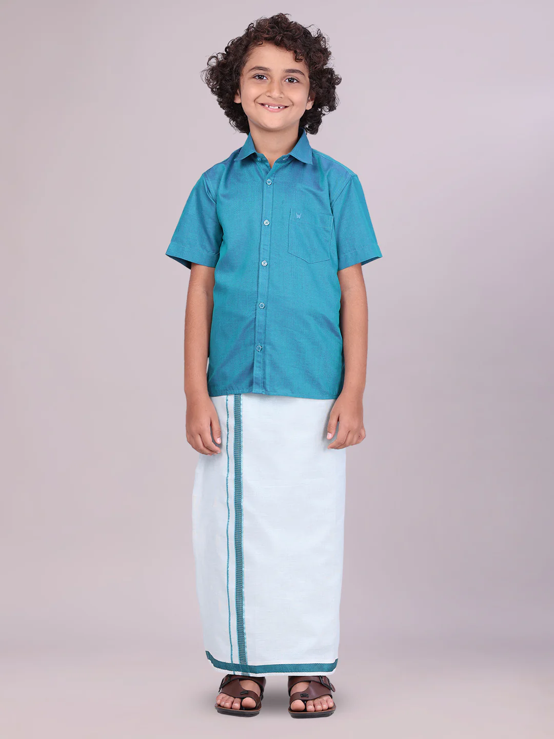 Kids Cotton Green Shirt with Tissue Matching Border Dhoti Combo Skillful Boy