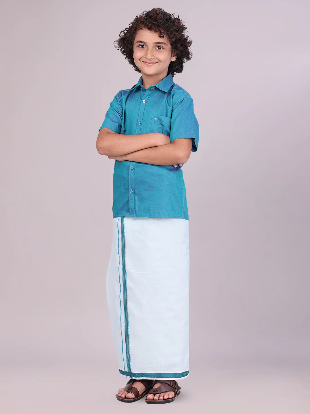 Kids Cotton Green Shirt with Tissue Matching Border Dhoti Combo Skillful Boy - Image 2