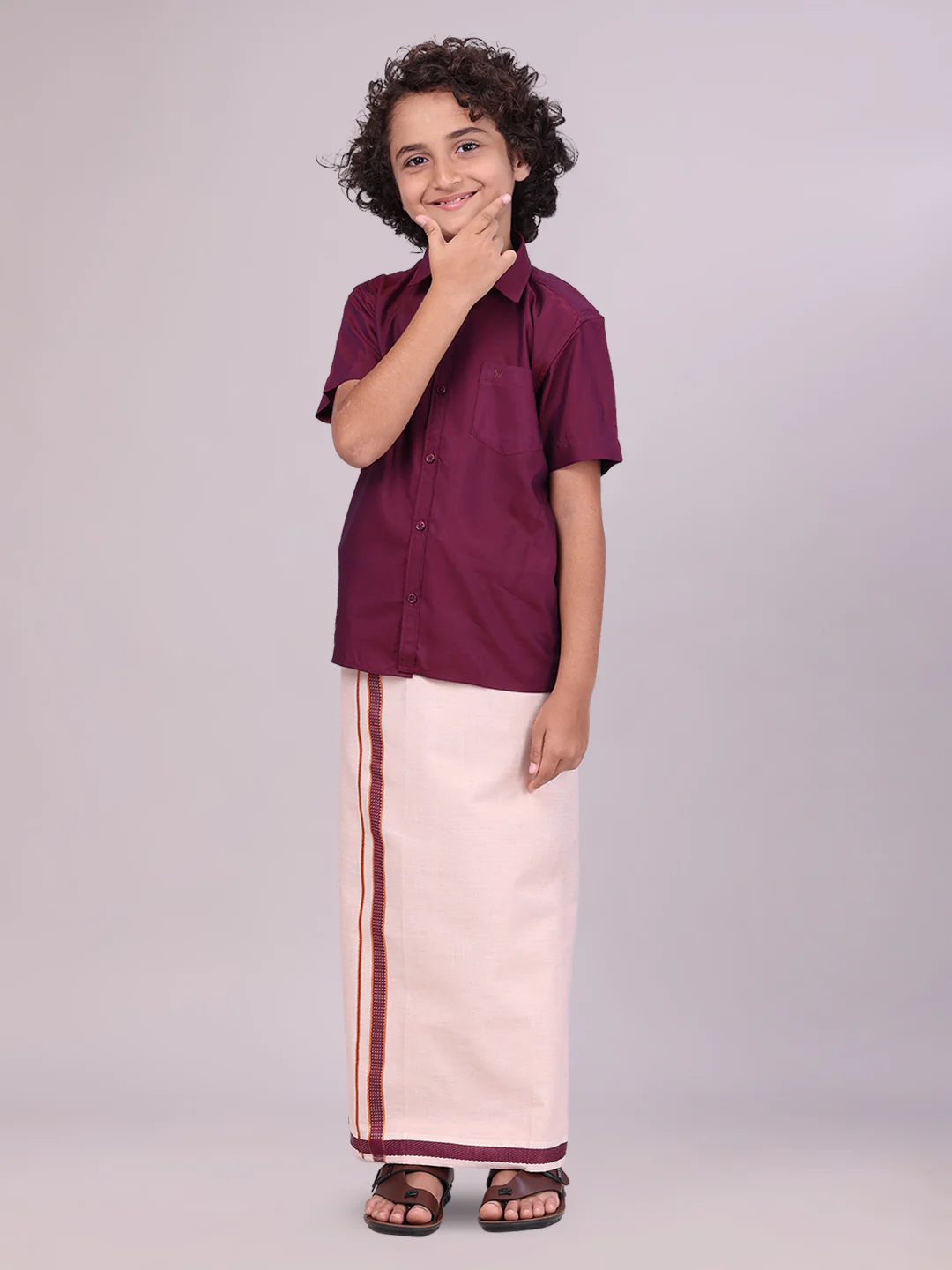 Kids Cotton Maroon Shirt with Tissue Matching Border Dhoti Combo Skillful Boy - Image 2