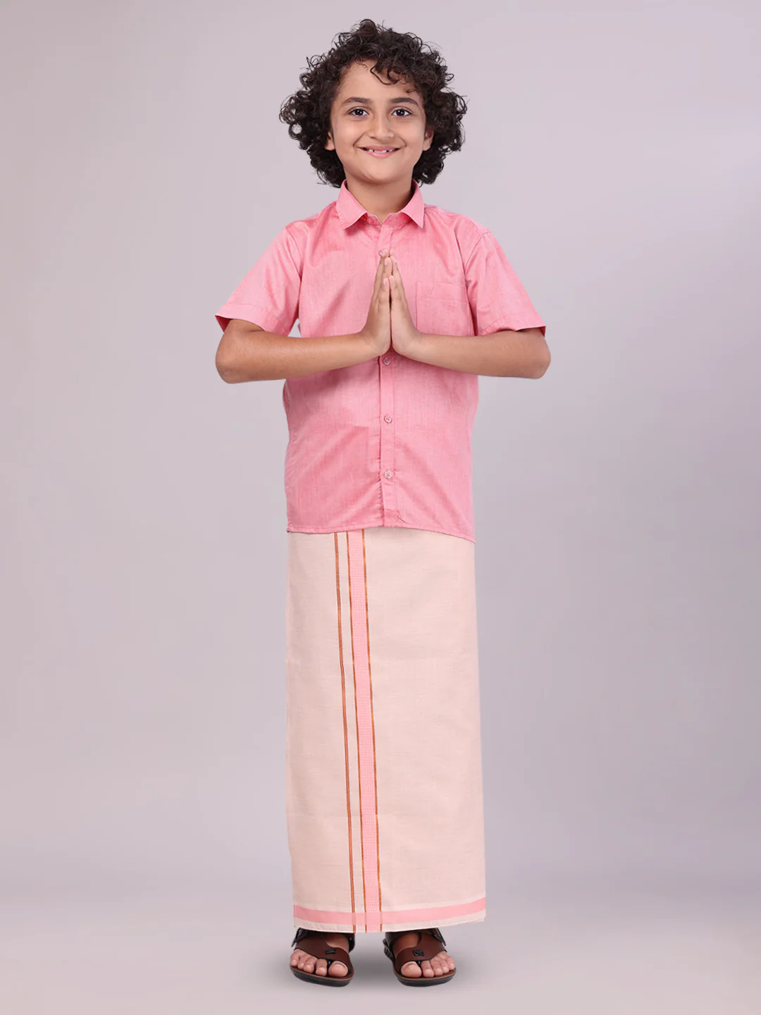 Kids Cotton Pink Shirt with Tissue Matching Border Dhoti Combo Skillful Boy - Image 2