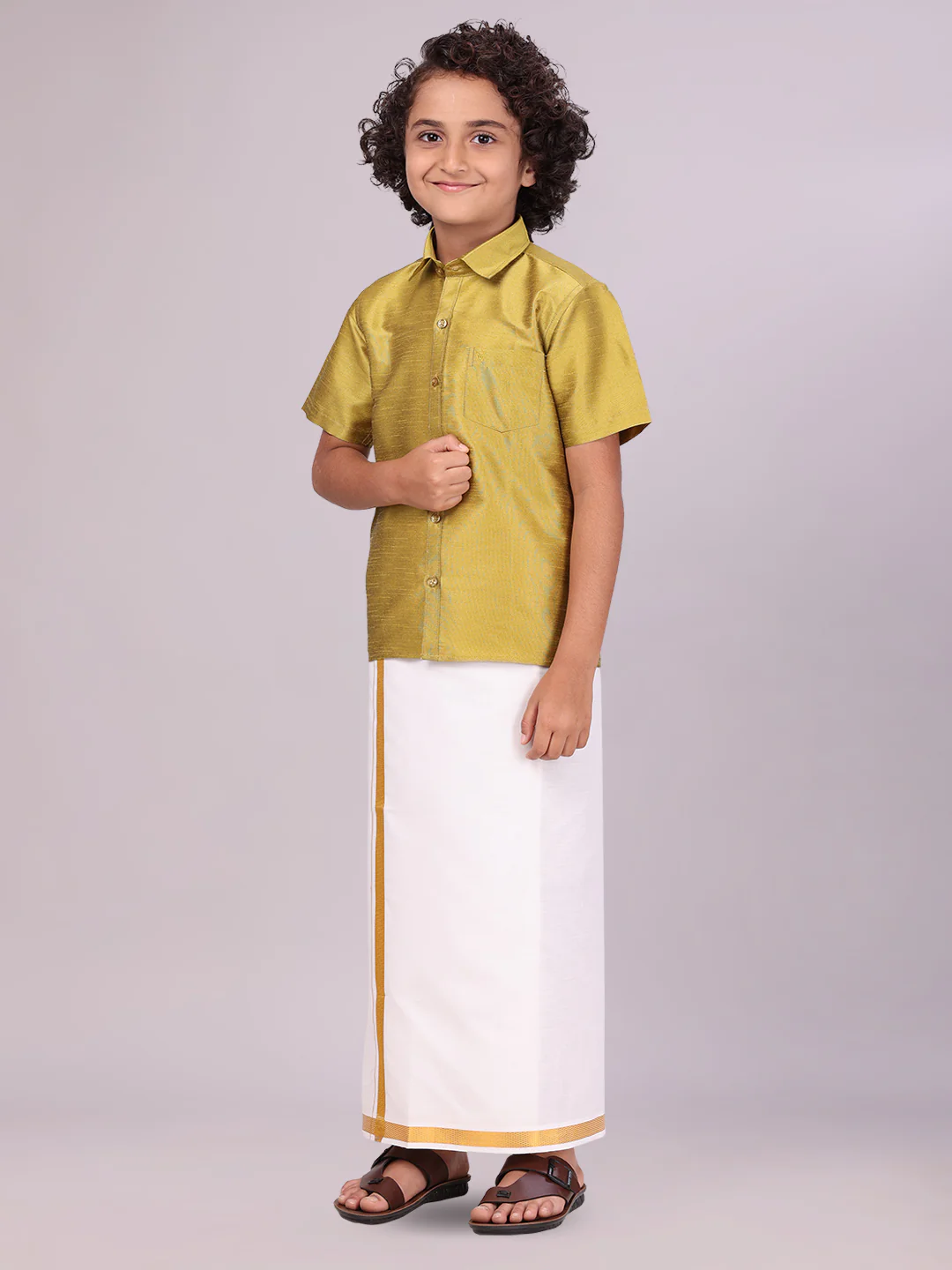 Boys Light Green Color Half Sleeves Shirt with Gold Jari Flexi Dhoti Adorable Boy - Image 3