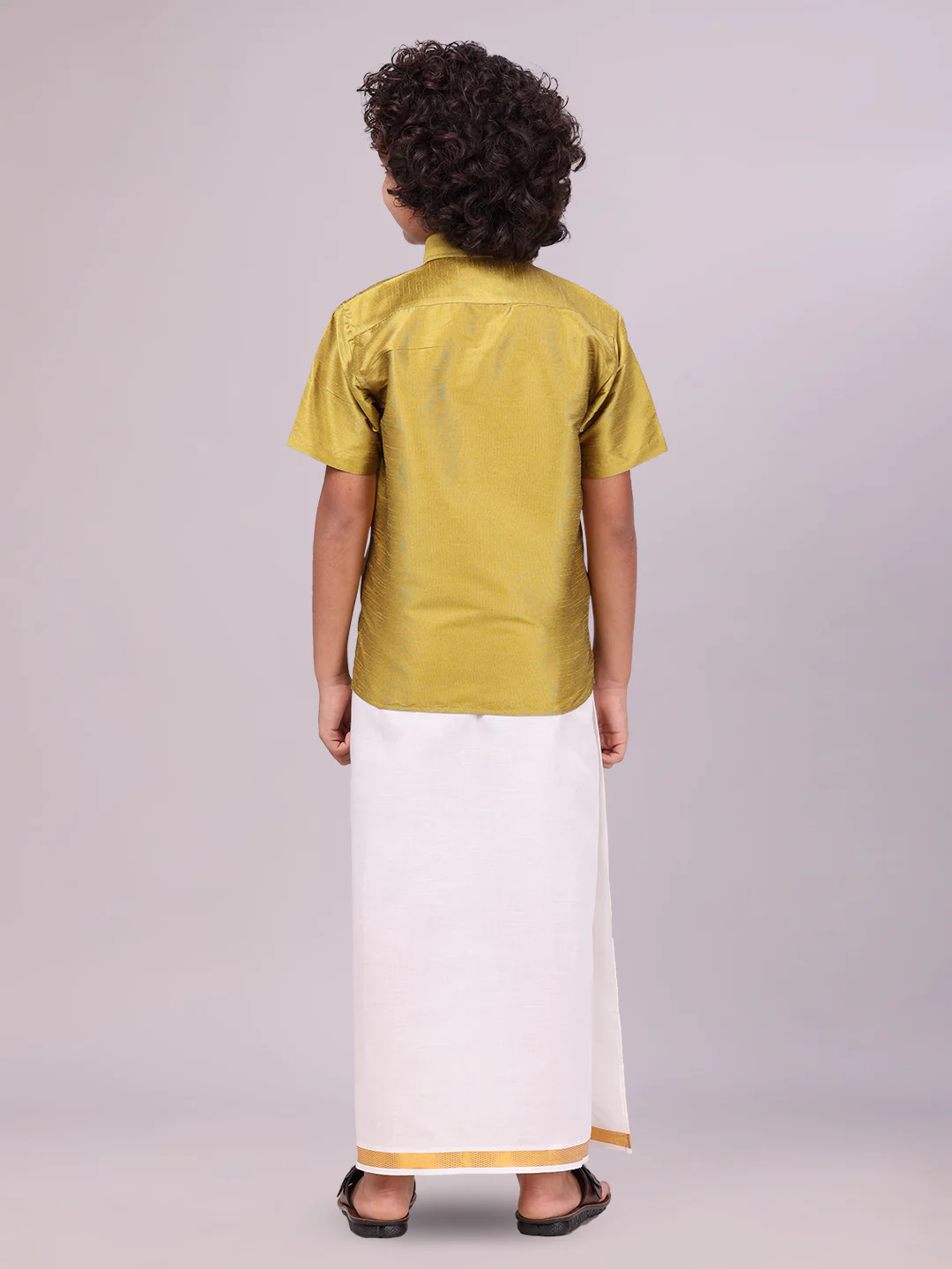 Boys Light Green Color Half Sleeves Shirt with Gold Jari Flexi Dhoti Adorable Boy - Image 4