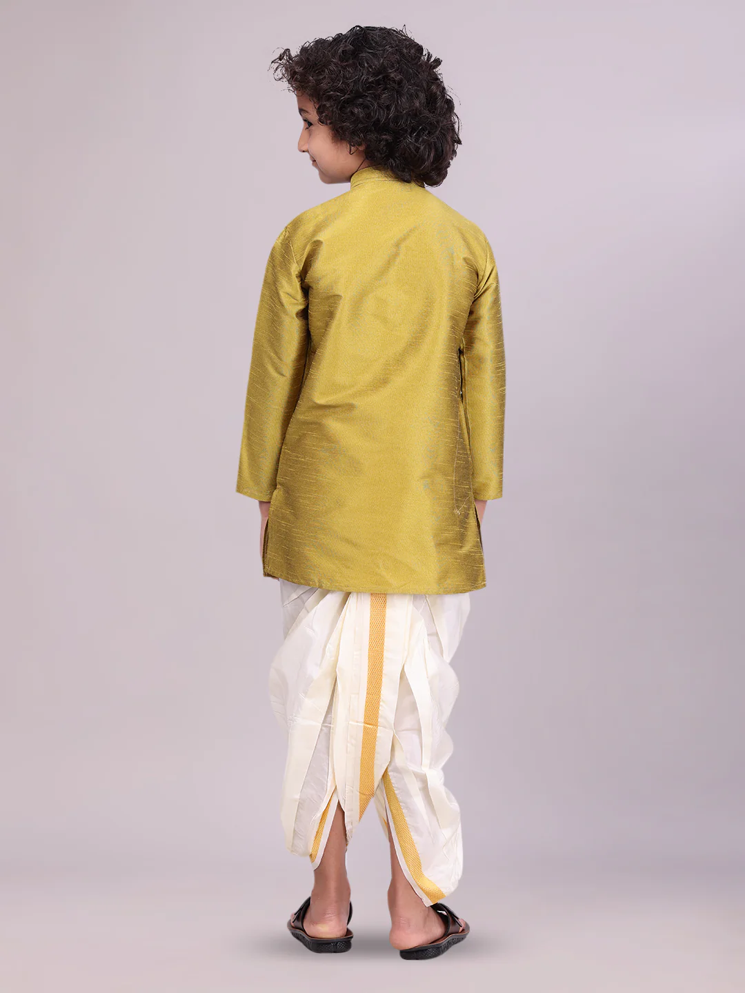 Boys Light Green Colour Kurtha with Gold Jari Panchakacham Combo Chitrang - Image 3