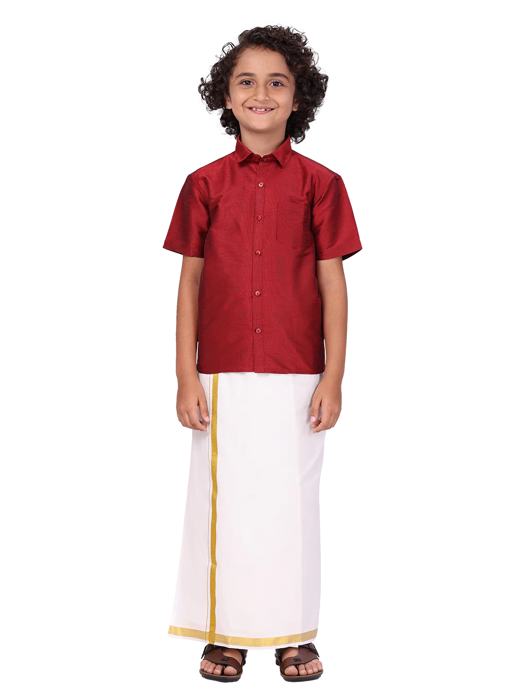 Boys Maroon Color Half Sleeves Shirt with Gold Jari Flexi Dhoti Adorable Boy - Image 3