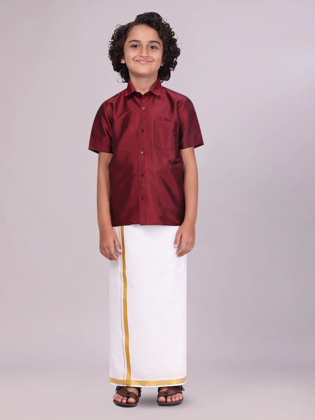 Boys Dupion Satin Maroon Half Sleeves Shirt with Gold Jari Flexi Dhoti Towel Combo Calm Boy