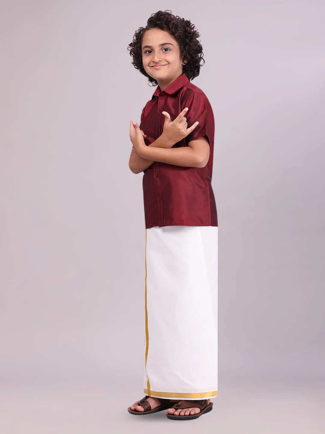 Boys Dupion Satin Maroon Half Sleeves Shirt with Gold Jari Flexi Dhoti Towel Combo Calm Boy - Image 2