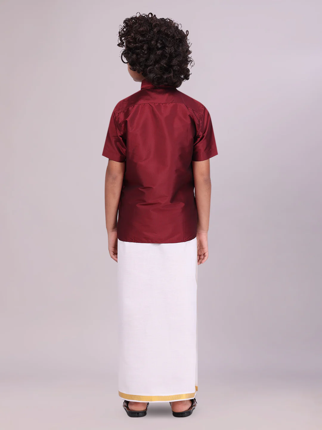 Boys Dupion Satin Maroon Half Sleeves Shirt with Gold Jari Flexi Dhoti Towel Combo Calm Boy - Image 4
