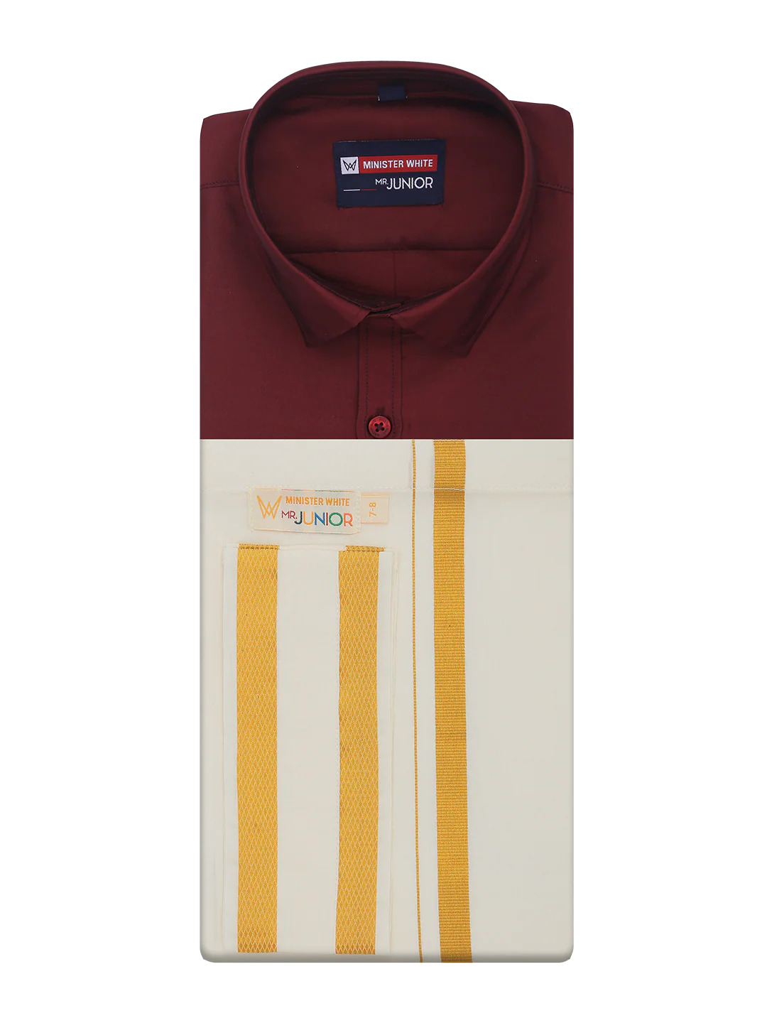 Boys Dupion Satin Maroon Half Sleeves Shirt with Gold Jari Flexi Dhoti Towel Combo Calm Boy - Image 5