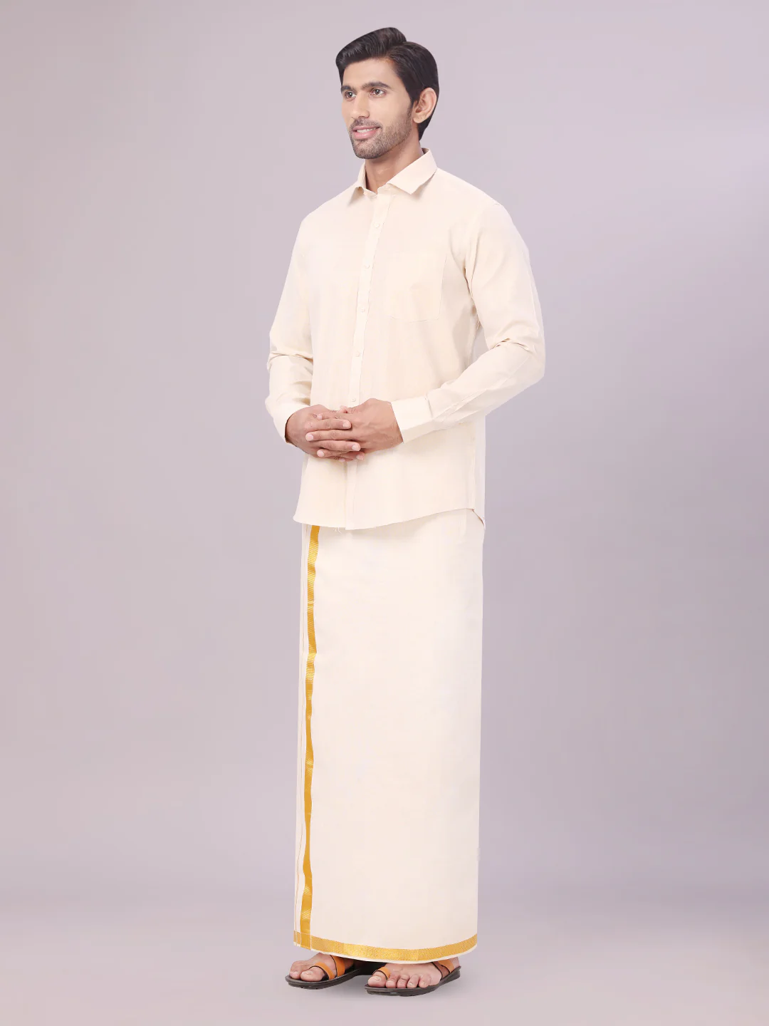 Mens Tissue Gold Colour Dhoti Shirt Wedding Combo Maverick - Image 3