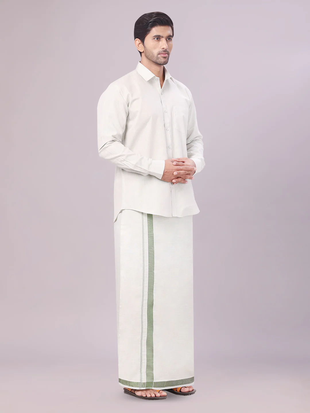 Mens Tissue Olive Green Colour Dhoti Shirt Wedding Combo Maverick - Image 2