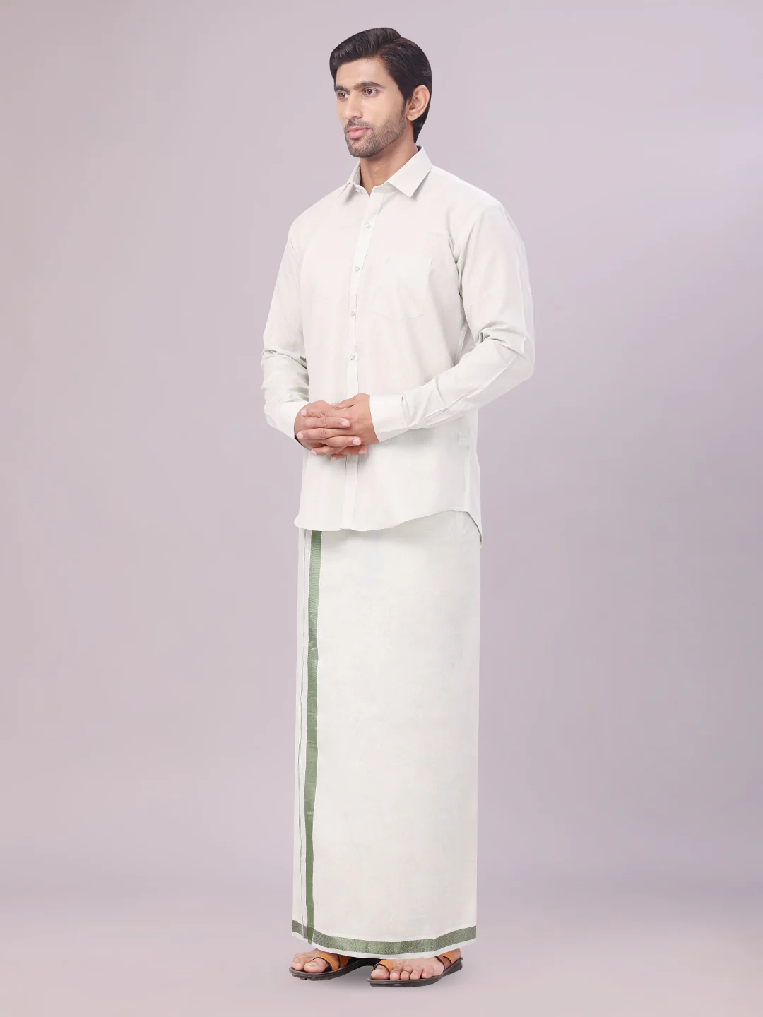 Mens Tissue Olive Green Colour Dhoti Shirt Wedding Combo Maverick - Image 3