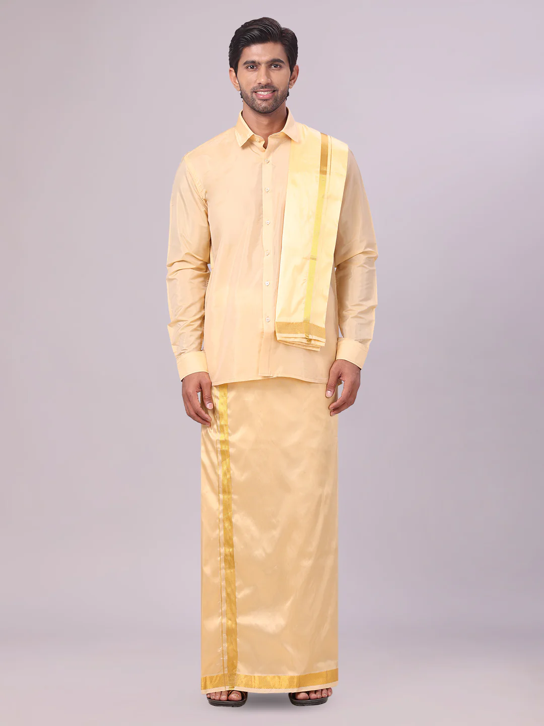 Men's Art Silk Medium Gold Full Sleeves Shirt with Gold Jari Border Dhoti & Towel Combo Blush